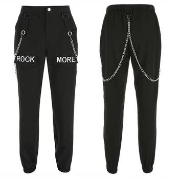 Rockmore Negru Gotic Stilul Coreea De Pantaloni De Marfă, Cu Lanț De Buzunar Pentru Femei Talie Mare Pantaloni Largi Picior Pantaloni Femme Pantaloni Toamna Iarna