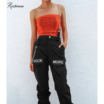 Rockmore Negru Gotic Stilul Coreea De Pantaloni De Marfă, Cu Lanț De Buzunar Pentru Femei Talie Mare Pantaloni Largi Picior Pantaloni Femme Pantaloni Toamna Iarna