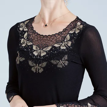 2020 Toamna femei t-shirt de Moda fluture brodat cu mâneci lungi tricou dantelă cu diamante femei, plus dimensiune topuri negre