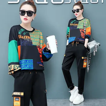 2020 Primăvară Moda Coreeană Doamnelor Pierde Două Bucăți Seturi De Femei Mozaic Tipărite De Costume Casual Topuri Supradimensionate + Pantaloni Îmbrăcăminte