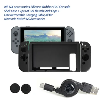 Cauciuc siliconic Consola Shell Caz + 2 buc de Degetul mare Stick Capace + Un Cablu Retractabil, Toate pentru Nintendo Comutator NS Accesorii