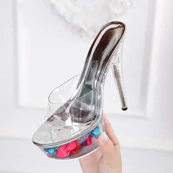 Vara Flori de Trandafir de Cristal Transparent Platforma Toc 14cm Super Sexy cu Toc inalt Clar sandale Pantofi Nunta Petrecere Pompe