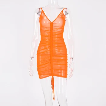 Hugcitar spaghete curele V-gât adânc fara spate plasă vedea prin sexy 2019 vară de moda pentru femei portocaliu petrecere de club rochie bodycon mini