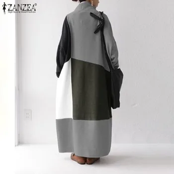 Plus Dimensiune Bluza Rochie ZANZEA Elegant pentru Femei Guler Stiching Vestidos Casual cu Maneci Lungi Split Maxi Pulovere Halat 5XL