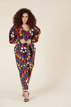 African nou stil de toamna haine noi de imprimare digitală femei sexy V-neck toamnă lungă cu mâneci salopeta pantaloni trunchiate