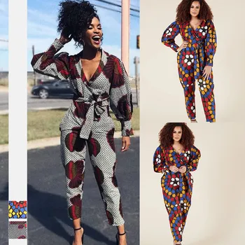 African nou stil de toamna haine noi de imprimare digitală femei sexy V-neck toamnă lungă cu mâneci salopeta pantaloni trunchiate