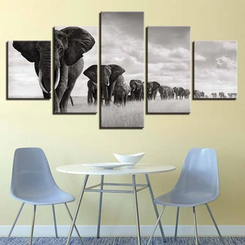 5 Bucati/Set Negru Elefant Moderne Animal Postere si Printuri Panza Pictura Poze de Perete Pentru Camera de zi Decor Acasă Neînrămate