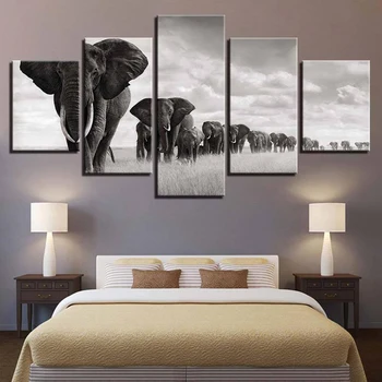 5 Bucati/Set Negru Elefant Moderne Animal Postere si Printuri Panza Pictura Poze de Perete Pentru Camera de zi Decor Acasă Neînrămate