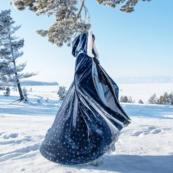 TIYIHAILEY Transport Gratuit 2020 Epocă Mantie de Catifea Iarna Și Toamna Îmbrăcăminte exterioară cu Gluga Lung Liber Maxi Albastru Vrăjitoare Cardigan Stele