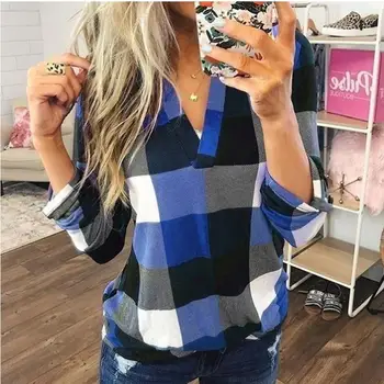 Toamna Iarna Elegant Carouri Imprimate Cu Maneca Lunga Pentru Femei Bluza Tricou Sexy V-Neck Bluze Famale Casual Streetwear Blusa Topuri Plus