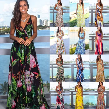Mai multe culori tropicale junglă, frunze Boeme rochie lunga suspensor cruce înapoi femei V-neck 2020 noapte de petrecere elegantă rochie sexy