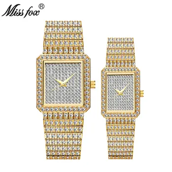 MISSFOX Vânzare Fierbinte Pătrat Bărbați Femei Iubitorii de Ceas de Lux cu Aur de 18K Cuplu Diamant, Cuarț Ceas de Aur cel Mai bun Soț, Soție Cadou