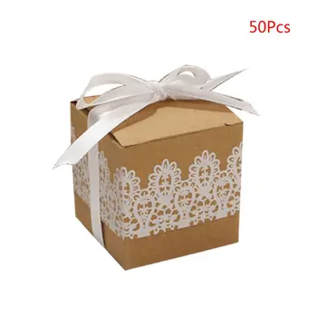 50pcs/cutie Hârtie Kraft Cutie de Bomboane Decorative Minunat Dulce Ambalare Cutii cu Panglica si Dantela Petrecere de Nunta Bomboane Ambalare Cutie