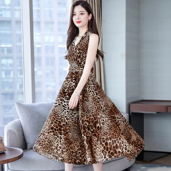 De Vară 2020 New Sosire Stil Boem V Guler Leopard Fără Mâneci Hanter Femei Șifon Rochie Lunga