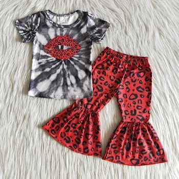 En-gros de Copii de tip Boutique de Ziua Îndrăgostiților Fete pentru Copii Set Buzele Rosii Gri Tie Dye Short Sleeve Shirt Leopard Clopot-Fund Pantaloni