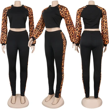 Adogirl Leopard De Imprimare Mozaic Femei Casual Două Bucata Set Trening Gât O Lanternă Maneca Crop Top Creion Pantaloni Haine De Moda