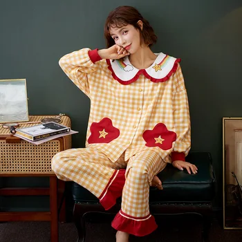 Primăvara și Toamna Pijamale de Bumbac pentru Femei cu Mâneci Lungi, Pantaloni de Desene animate Drăguț, Confortabil de Agrement Blaturi de Baie Haine Haine de Acasă