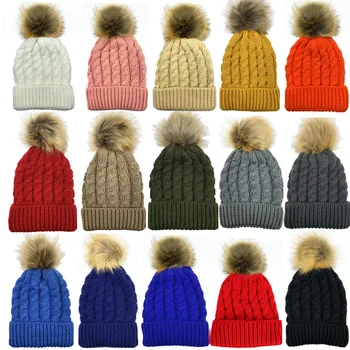 Iarna Simplu coreean Capac Beanie Culoarea Bomboane Casual Cablu Tricotate Pălărie de Blană de Vulpe Pom Pom Cald, Moale, Elastic Tricotat Pălării pentru Femei