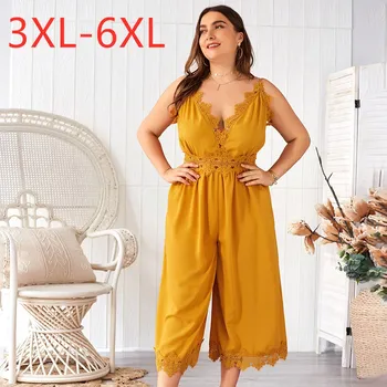Noi 2021 doamnelor vara plus dimensiune halter mult salopeta pentru femei de mari sexy rochie fără mâneci dantelă galbenă salopete 3XL 4XL 5XL 6XL