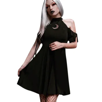 Femei de Moda de Vară în Stil Gotic, Punk Negru Retro de Pe Umăr Luna Tubulare Rochie Mini rochie