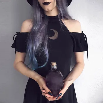 Femei de Moda de Vară în Stil Gotic, Punk Negru Retro de Pe Umăr Luna Tubulare Rochie Mini rochie