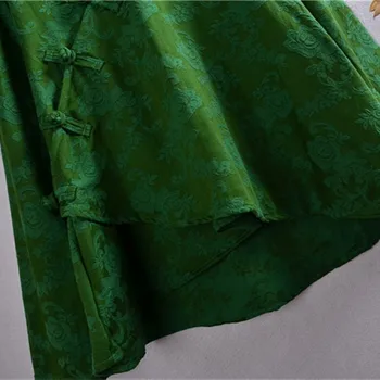 Stil Național Toamnă Jacquard Femeie Tricou Casual Vintage Oblic Butonul Lenjerie De Pat Din Bumbac Bluza Femei Topuri Asimetrice Verde Blusa