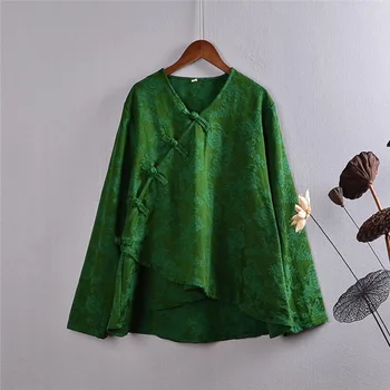 Stil Național Toamnă Jacquard Femeie Tricou Casual Vintage Oblic Butonul Lenjerie De Pat Din Bumbac Bluza Femei Topuri Asimetrice Verde Blusa
