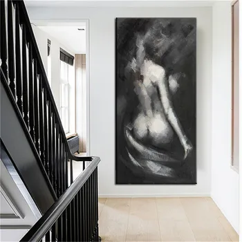 Pictate manual mari Abstracte Moderne Nud Pictura Ulei pe Panza gri alb-negru Gol Arta de Perete Fata Sexy femeie Panza Imagini