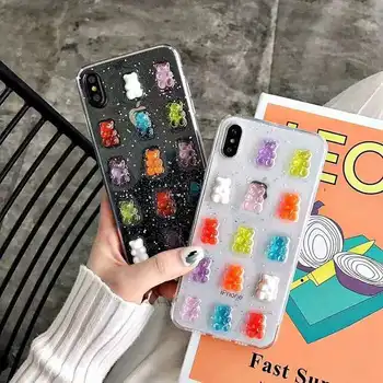 Drăguț 3D Culori Bomboane Urs Telefon Caz Pentru iPhone 11 Pro Max XR XS Max SE 2020 7 8 Plus Cu Sclipici Moale Capacul din Spate