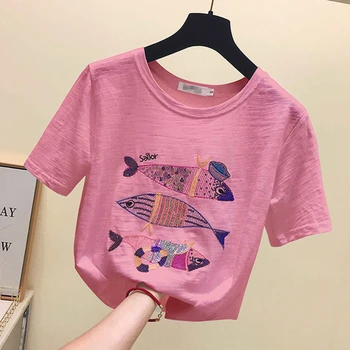 Gkfnmt Femei Casual de Vara T-Shirt, Broderie cu Paiete Roz Violet Alb Tricou Bumbac Maneca Scurta Pește Topuri de Înaltă Calitate, Haine