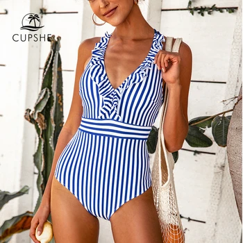 CUPSHE Albastru Și Alb Dungi Ciufulit-O Bucată de costume de Baie Femei Dulce Crisscross Monokini 2021 Nou Fata de Plaja Costume de Baie