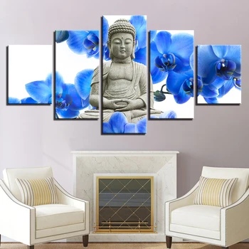 Home Decor Panza HD Printuri de Arta de Perete Poze 5 Piese Buddha Și Albastru Molie Flori de Orhidee Tablouri Decor Acasă Poster Cadru