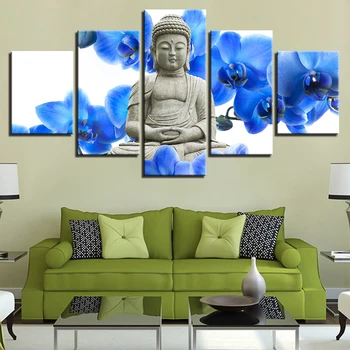 Home Decor Panza HD Printuri de Arta de Perete Poze 5 Piese Buddha Și Albastru Molie Flori de Orhidee Tablouri Decor Acasă Poster Cadru