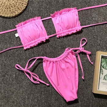 2019 Sexy Ruffle Bandeau Micro Bikini String Tanga, Costume De Baie Femei Push Up Costume De Baie De Vară, De Plajă, Îmbrăcăminte De Înaltă Tăiat Bikini Costum De Baie