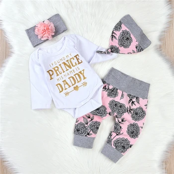 CANIS 2019 Noi 4BUC Set Drăguț Copil Nou-născut Fată Haine cu Maneca Lunga Scrisoare Romper Topuri+Floral Pantaloni Palarie pe Bentita Tinutele Vestimentare