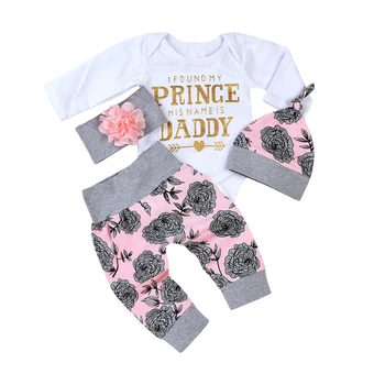 CANIS 2019 Noi 4BUC Set Drăguț Copil Nou-născut Fată Haine cu Maneca Lunga Scrisoare Romper Topuri+Floral Pantaloni Palarie pe Bentita Tinutele Vestimentare
