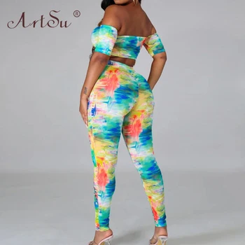 ArtSu 2020 Femei Casual Tie Dye Print Vara Set De Două Piese Maneca Scurta Pe Umăr Culturilor Sus Și Slab Pantaloni Lungi, Costume Sexy