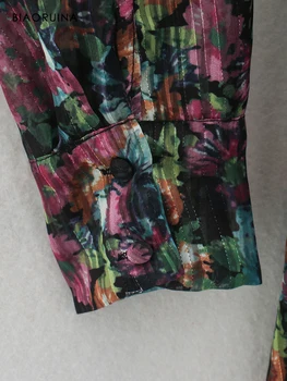 BIAORUINA Femei Fir Metalic Amestecuri Singur Pieptul Talie Mare Florale Imprimate V-gât Rochie Mini de Moda Vestido Maneca Lunga