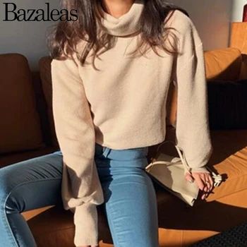 Bazaleas Moda Guler Tricotate Crop Top Vintage Femei Trunchiate Pulover Harajuku Felinar Maneca pulover Casual Streetwear