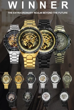 CÂȘTIGĂTORUL Oficial Brand de Lux Ceas de Aur pentru Bărbați Automate Mecanice de Afaceri Ceasuri Skeleton Dial Curea din Otel Clasic Ceasuri de mana