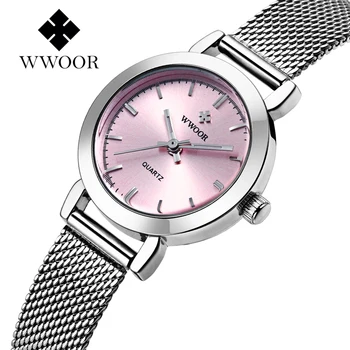 WWOOR Brățară Ceas Pentru Femei Brand de Lux 2020 Doamnelor Roz Mici Rochie Ceas de mână pentru Femei ochiurilor de Plasă de Oțel Cuarț Ceas zegarek damsk