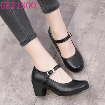 GKTINOO Piele naturala Pantofi Femei Rotund Toe Pompe Sapato feminino Tocuri inalte Superficial de Moda Negru de Muncă Pantof Plus Dimensiune 33-43