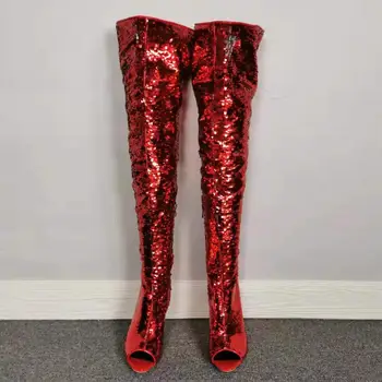 Intenția inițială de Moda Roșu Paiete Coapsei Cizme Femei Peep Toe Stilet Tocuri inalte Cizme Lungi Sexy Rochie de Petrecere Pantofi