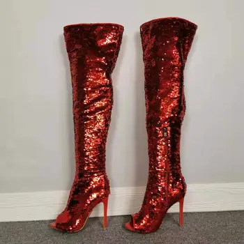 Intenția inițială de Moda Roșu Paiete Coapsei Cizme Femei Peep Toe Stilet Tocuri inalte Cizme Lungi Sexy Rochie de Petrecere Pantofi
