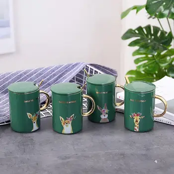 400ml Verde Desene animate Model Animal Cana Ceramica cu Capac si Lingura Mare Capacitate de Creație Drinkware Cafea Ceai Lapte Birou Cupe