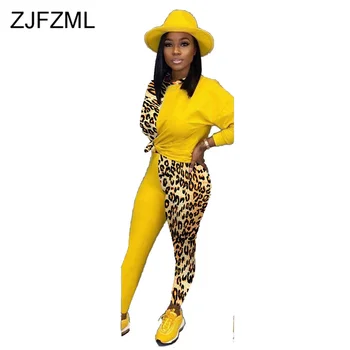 Leopard de Imprimare 2 Bucată de Costume pentru Femei O Gatului Maneca Lunga Tricou și Fitness Pantaloni de Trening Casual, de Culoare Bloc Set de Potrivire