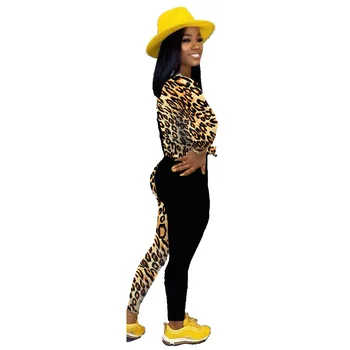 Leopard de Imprimare 2 Bucată de Costume pentru Femei O Gatului Maneca Lunga Tricou și Fitness Pantaloni de Trening Casual, de Culoare Bloc Set de Potrivire