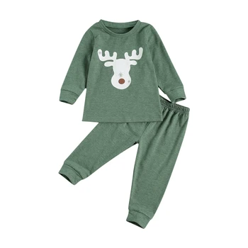 0-4Y Crăciun pentru Copii Băieți Fete Pijama Seturi de Desene animate Cerb Imprimare Pulover Maneca Lunga Topuri Pantaloni 2 buc