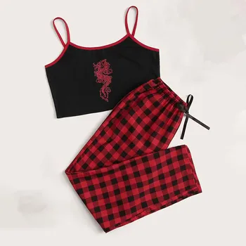 Moda de vara Doamnelor Set de Pijamale Imprimate Casual Carouri Femei Libere Pijama fără Mâneci Sling Lenjerie + pantaloni Babydoll Acasă Costum