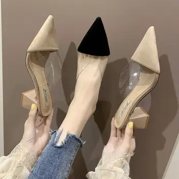 A subliniat Toe piele de Căprioară toc Pătrat tocuri inalte Muller papuci de femei pantofi de vara pentru femei de Moda Mozaic Superficial doamnelor pantofi